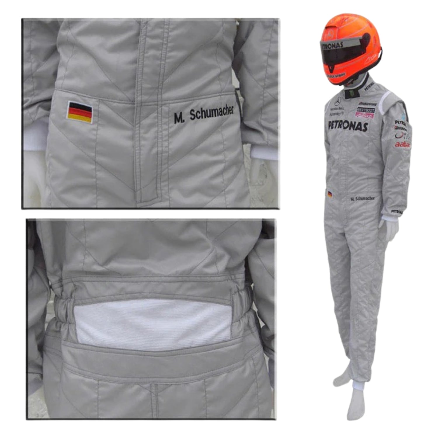 Front view of Michael Schumacher’s 2010 F1 racing suit in silver with green and black accents, featuring signature branding and structured design.