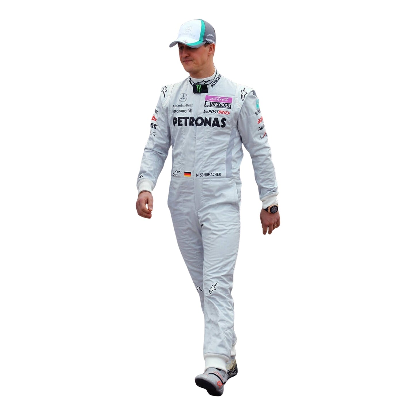 Front view of Michael Schumacher’s 2011 F1 racing suit in silver with green highlights, showcasing sponsor patches, front zip, and signature detailing.