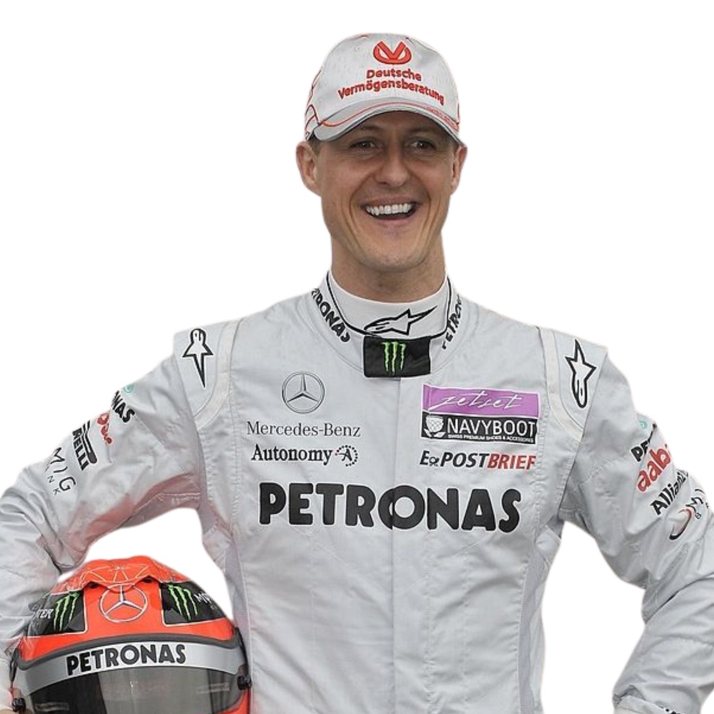 Close-up of chest and collar section on Schumacher’s 2011 F1 suit, highlighting intricate embroidery and authentic sponsor design.