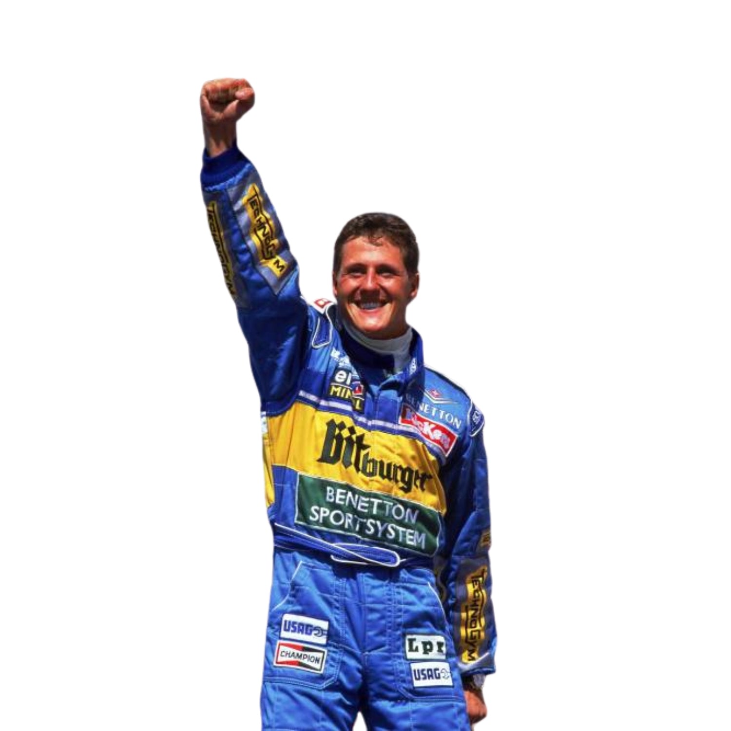 Close-up shot of Schumacher’s 1995 race suit, displaying detailed stitching, blue-green paneling, and the iconic yellow Bitburger logo placement.