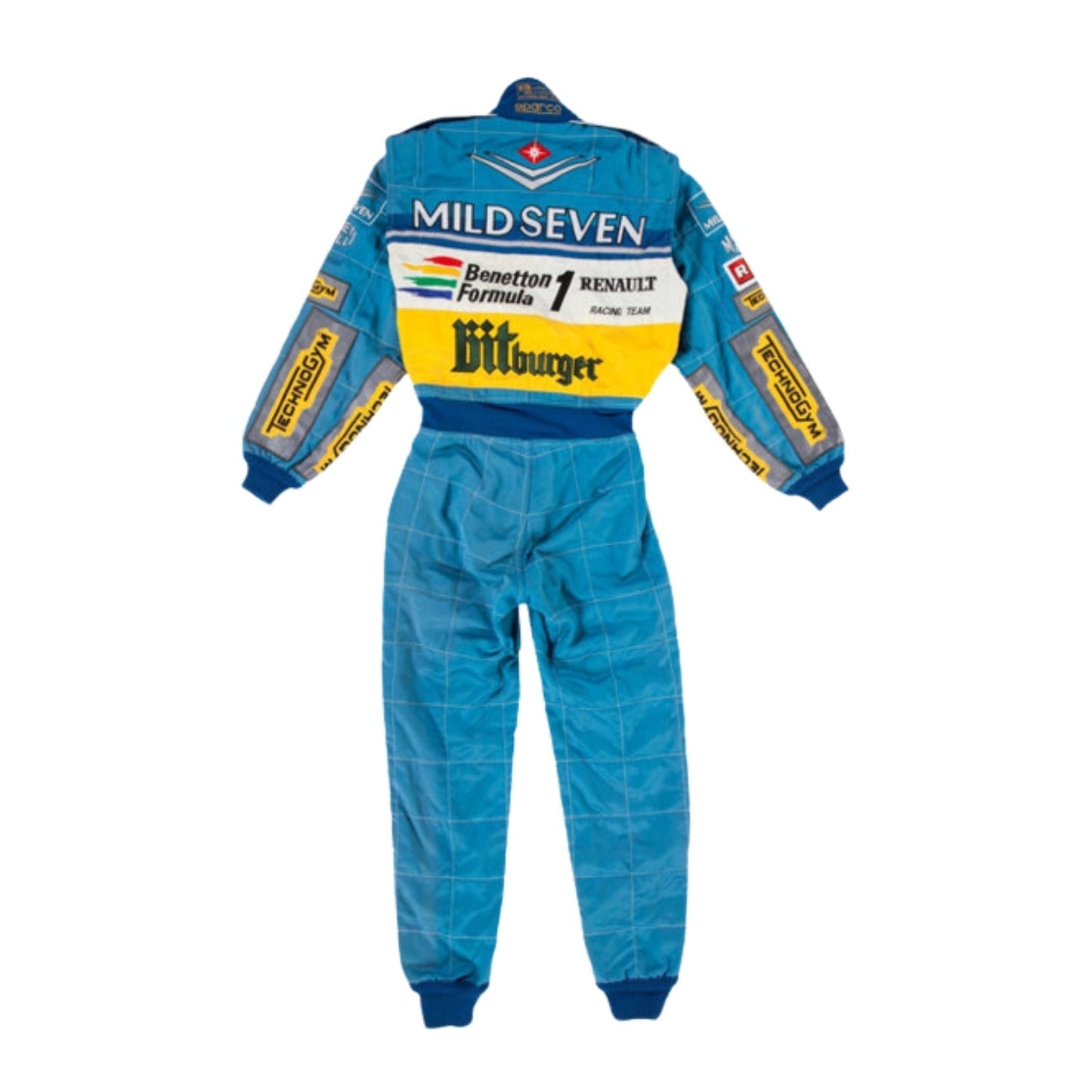Backside of Schumacher’s 1995 racing suit, showcasing a green-dominated rear panel with blue sleeves and prominent yellow sponsor branding.