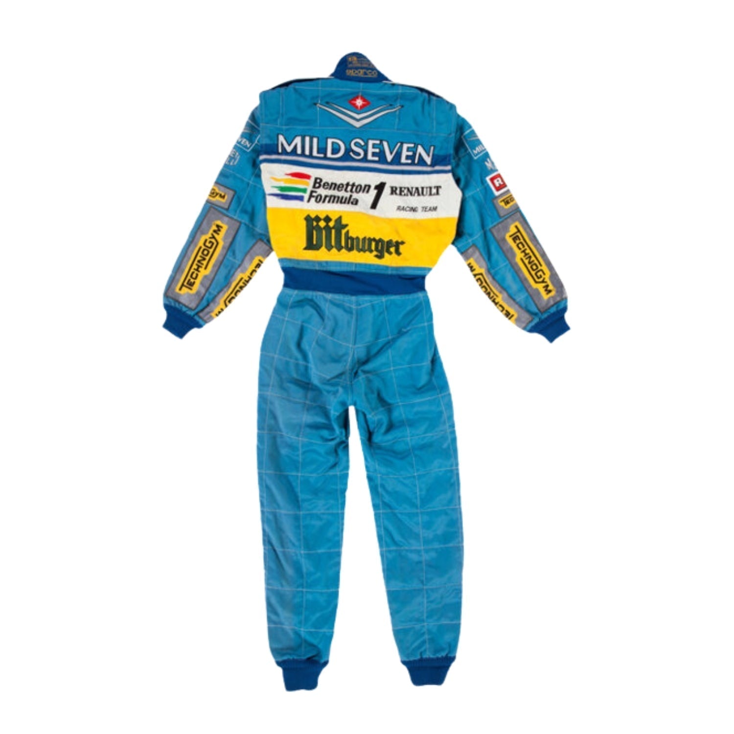 Backside of Schumacher’s 1995 racing suit, showcasing a green-dominated rear panel with blue sleeves and prominent yellow sponsor branding.