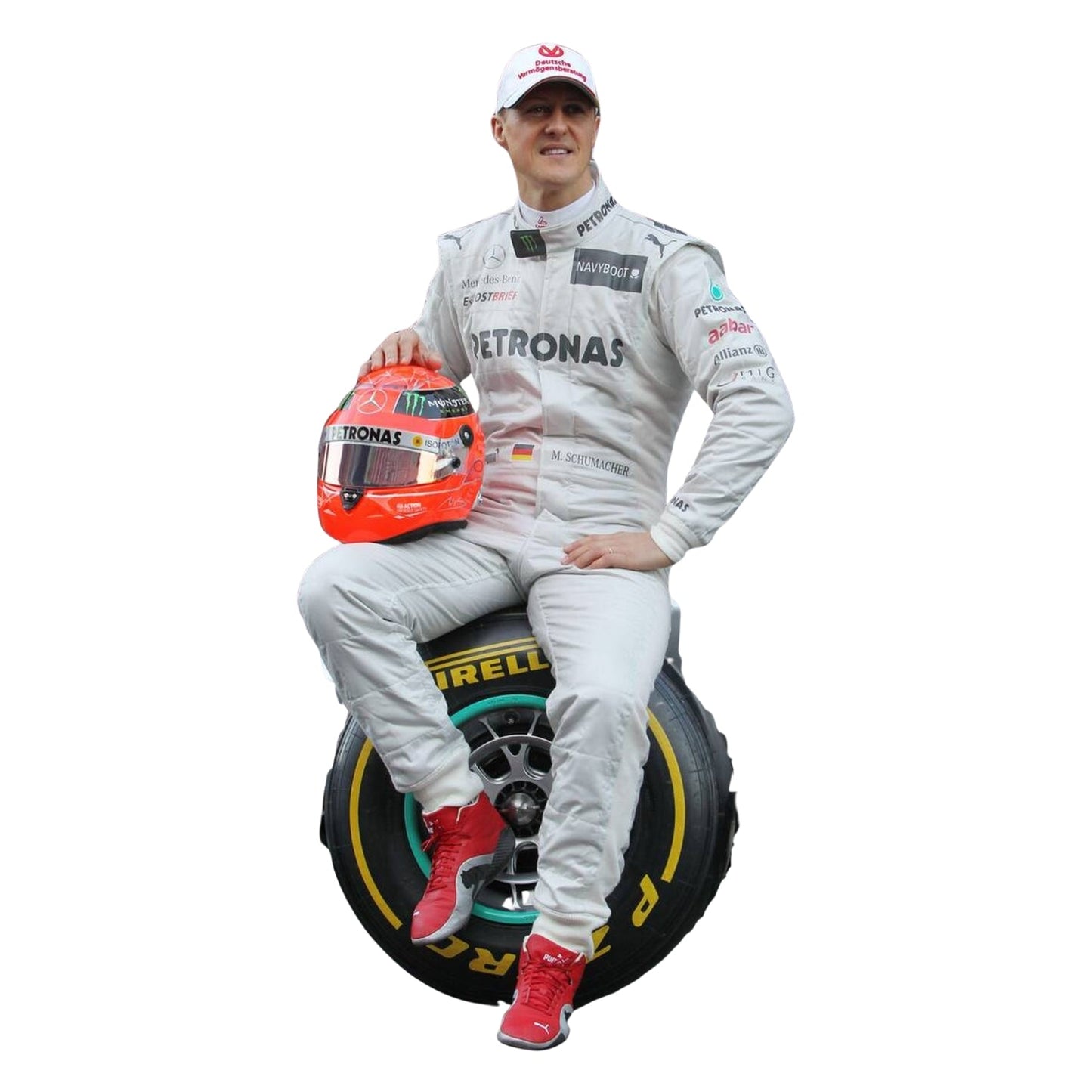 Front view of the 2012 Michael Schumacher F1 racing suit, featuring a silver base with black and green accents, and stitched sponsor panels across the chest.
