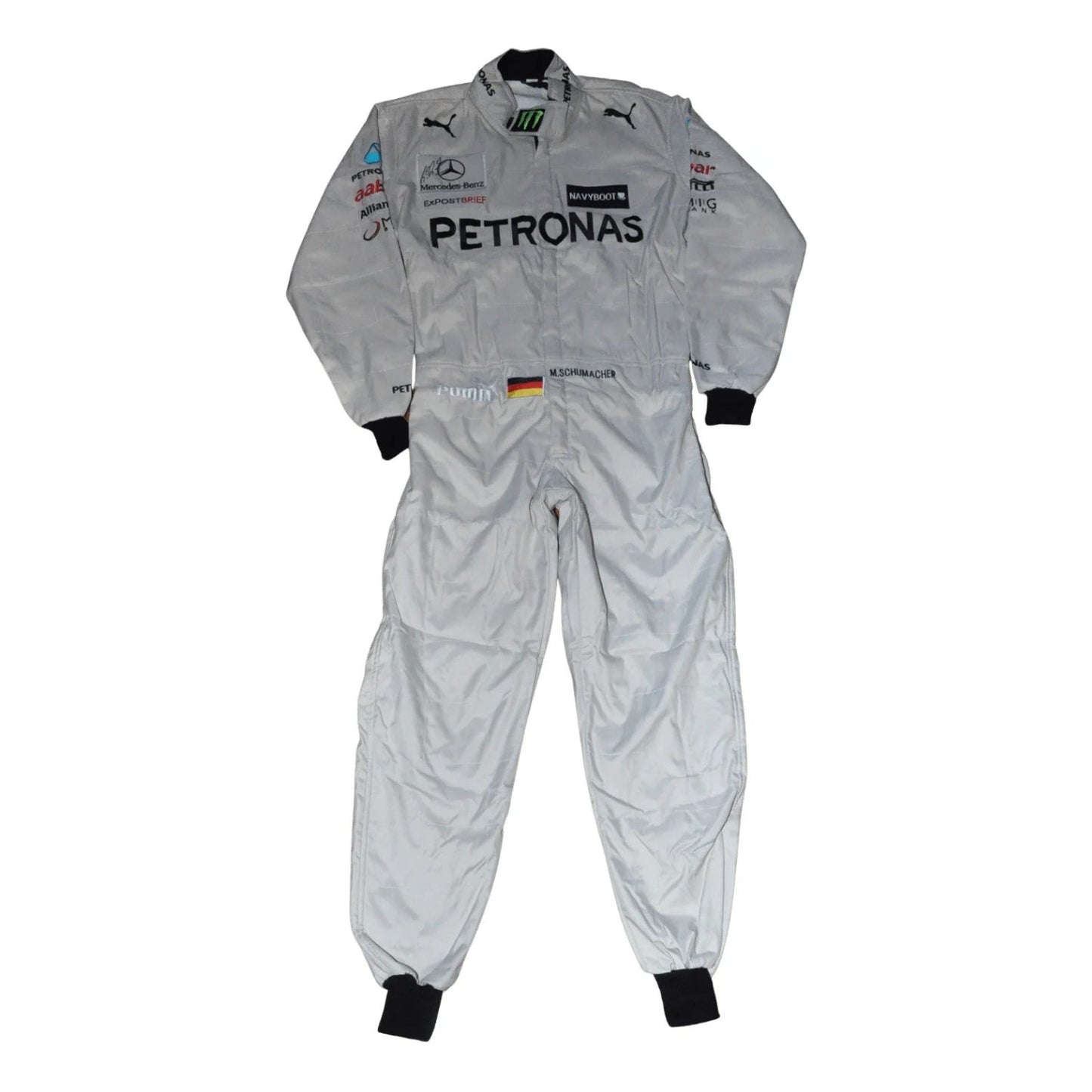Front view of the 2012 Michael Schumacher F1 racing suit, featuring a silver base with black and green accents, and stitched sponsor panels across the chest.