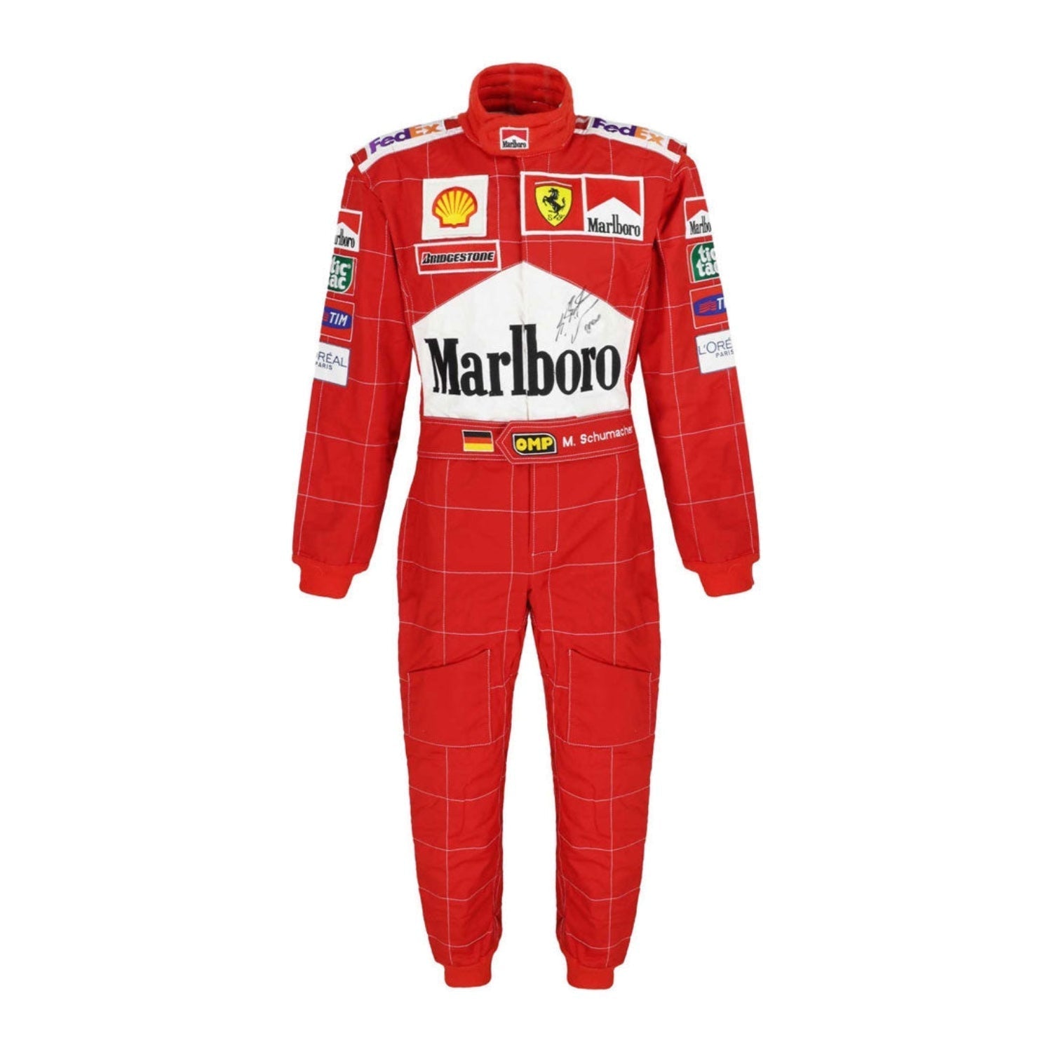 Front view of Michael Schumacher’s 2004 F1 racing suit in vivid red with white detailing, capturing the power and confidence of his record-setting season.