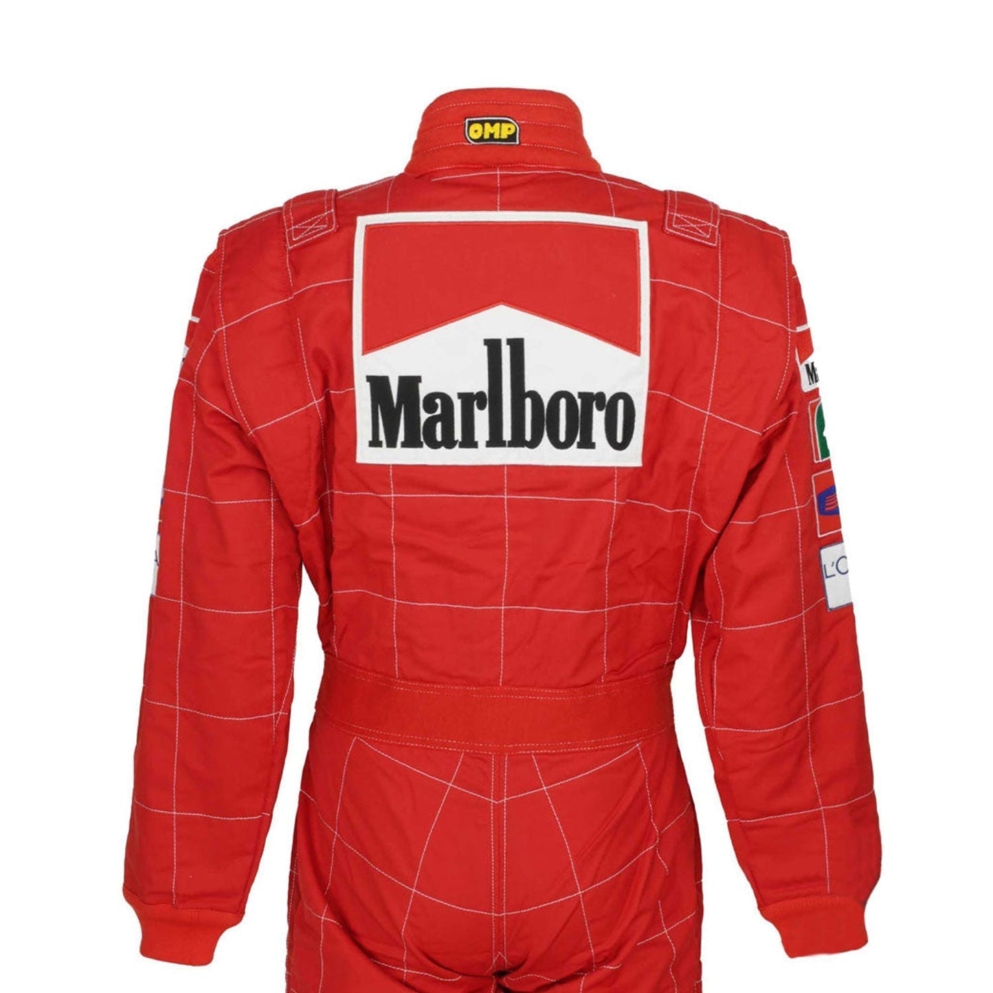 Backside of Schumacher’s 2004 F1 suit, featuring a bold red design accented by crisp white logos, reflecting his seventh world title glory.