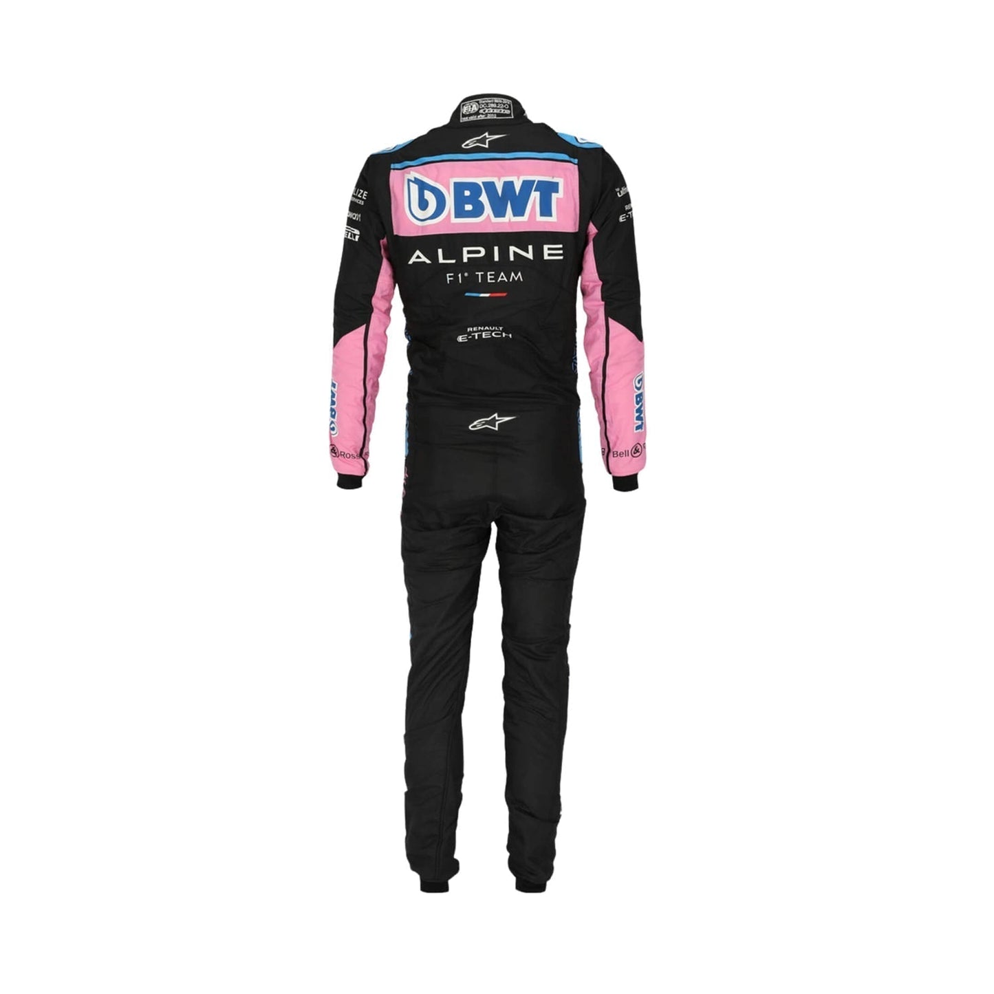 Rear view of Esteban Ocon's 2024 F1 race suit, featuring a black base with pink and blue detailing along with prominent sponsor logos.