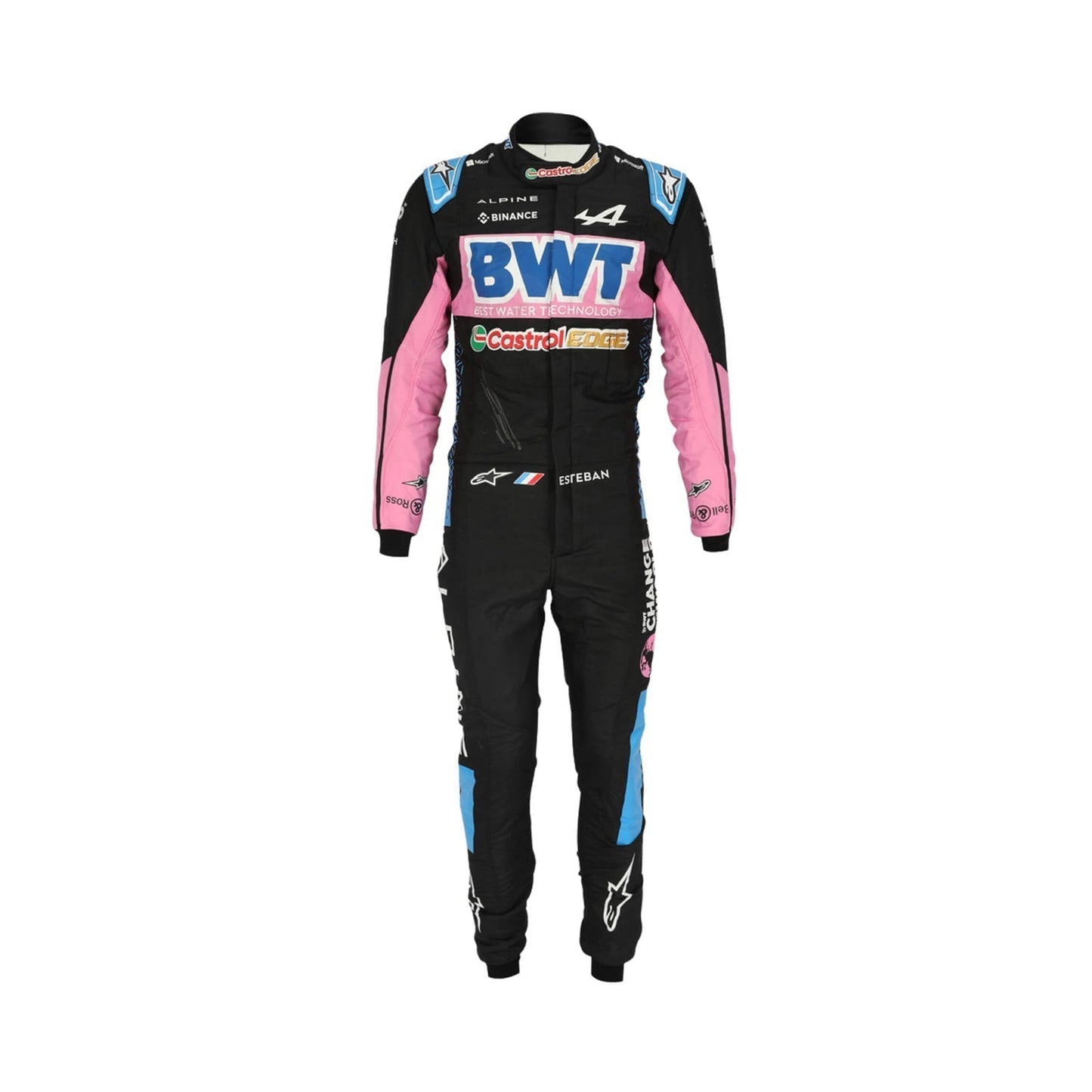 Front view of Esteban Ocon's 2024 F1 racing suit in black with pink and blue accents, showcasing a modern design with sponsor logos.