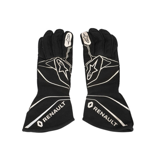 Black Nico Hulkenberg 2017 F1 racing gloves with Renault logo on a white background