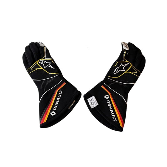 Pair of black Nico Hulkenberg 2019 F1 racing gloves with Renault logo on a white background
