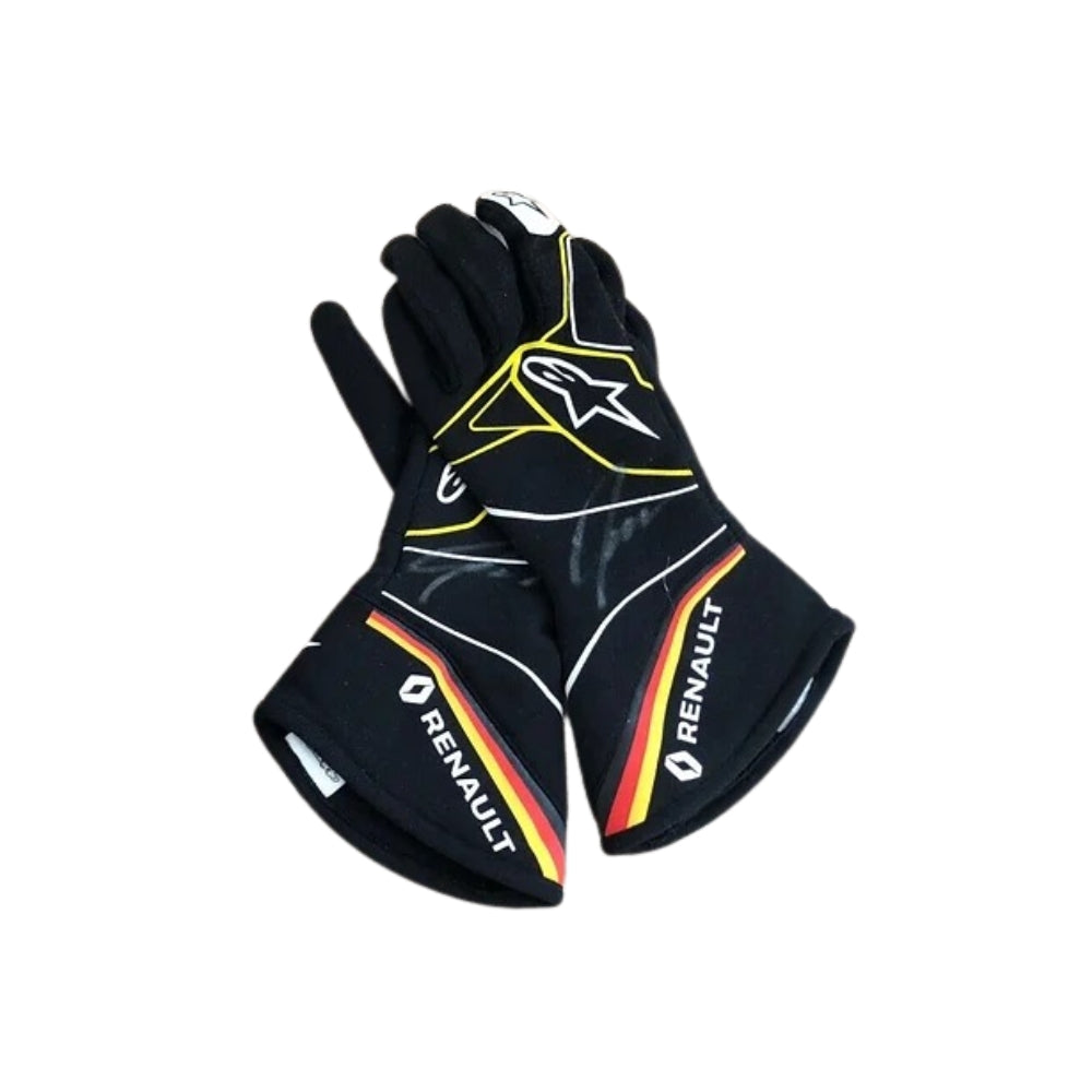 Black Nico Hulkenberg 2019 F1 racing gloves with Renault logo on a white background