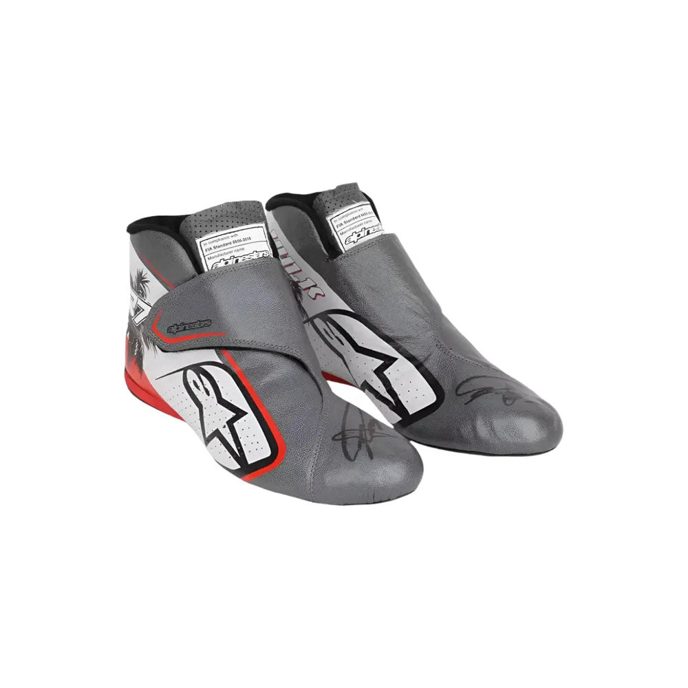 Gray and black Nico Hulkenberg 2023 Miami GP Weekend Worn F1 Racing boots with red accents on a white background