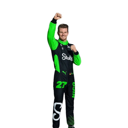 Nico Hülkenberg in action during the 2025 season, fully geared in his racing suit.
