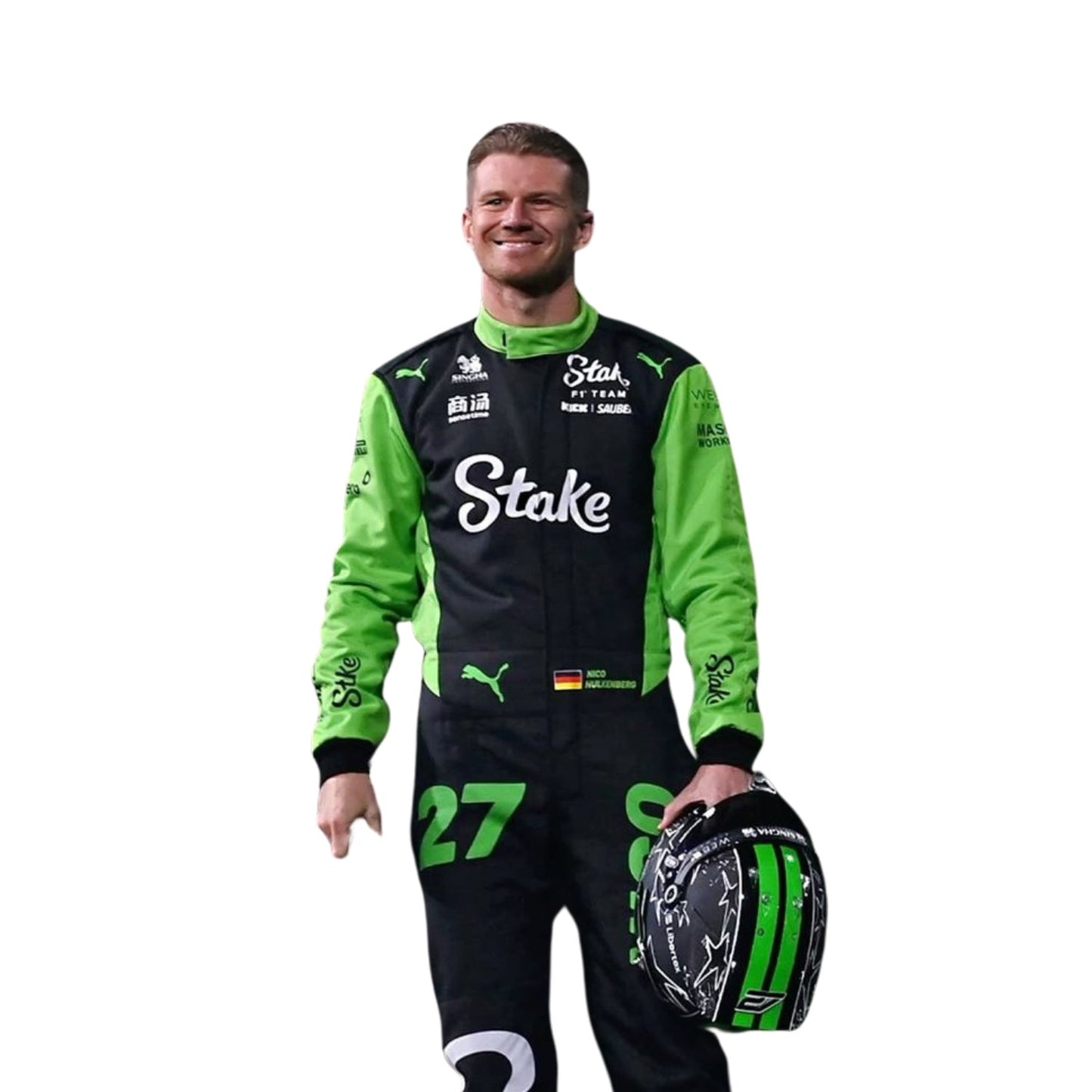 Close-up detail of Hülkenberg’s 2025 F1 race suit stitching with teal accents on black and white fabric, showing part of race number 27.