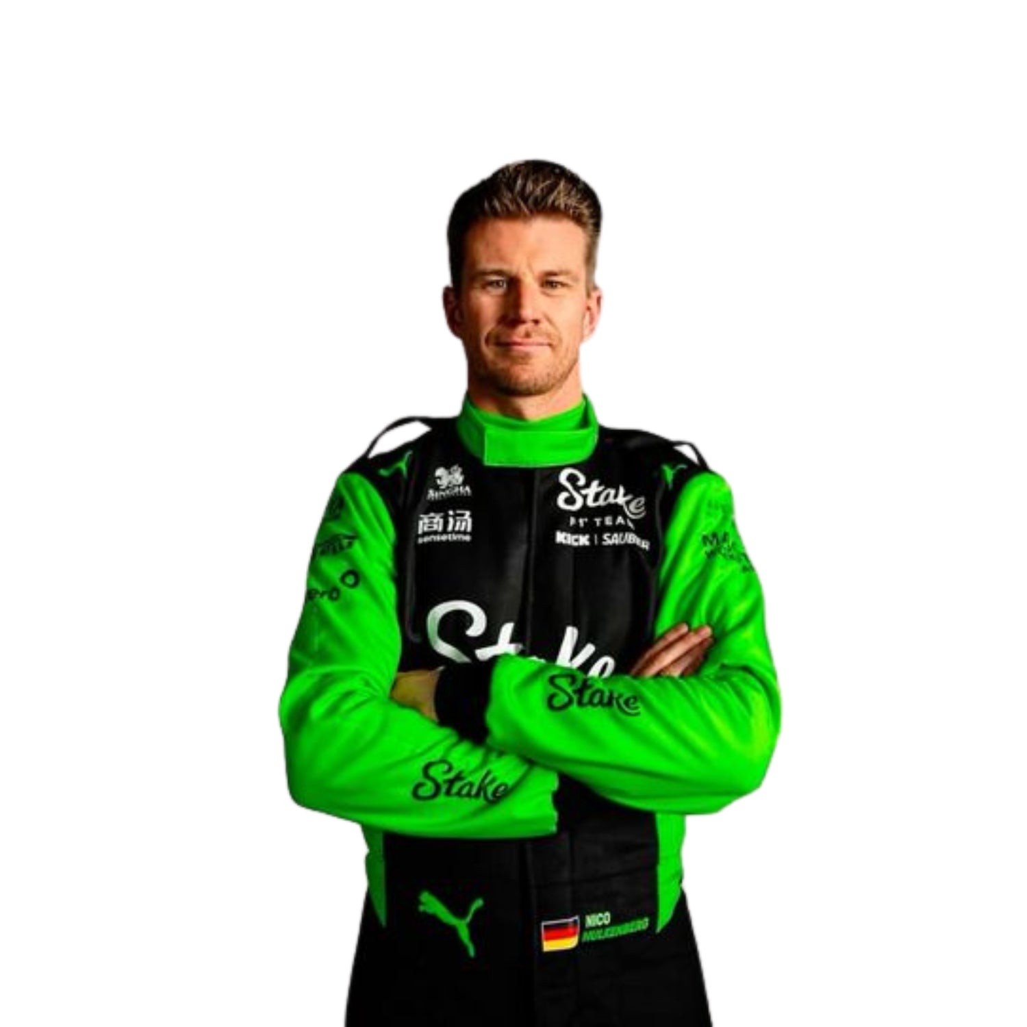 Nico Hülkenberg captured mid-action wearing his 2025 racing suit, the dynamic black and neon green colors accentuating the movement and modern design of the suit.
