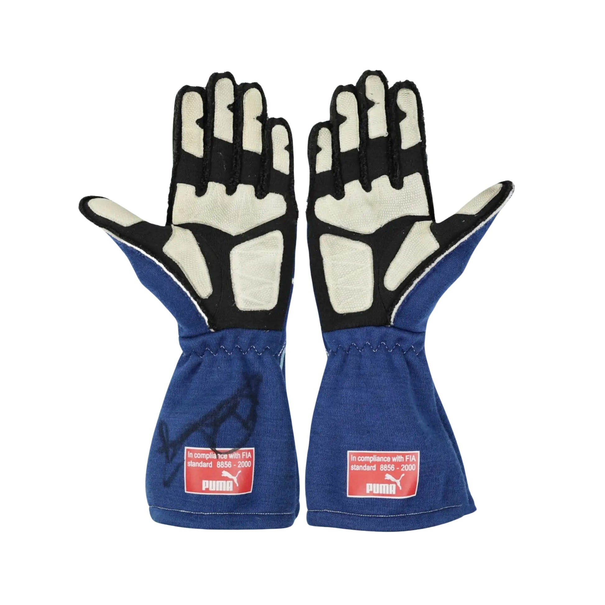 Pair of blue Nico Rosberg 2007 F1 racing gloves with white and black accents on a white background
