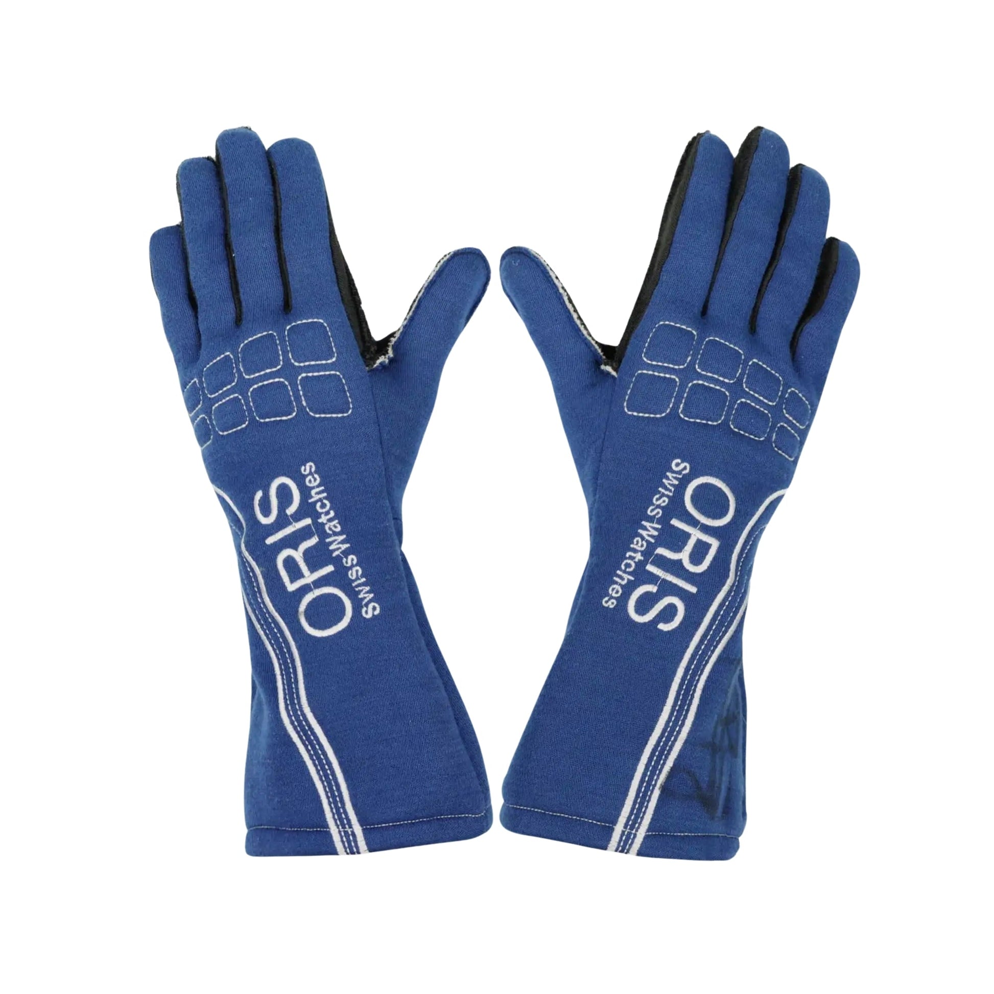 Pair of blue Nico Rosberg 2007 F1 racing gloves with 'ORIS' branding on a white background