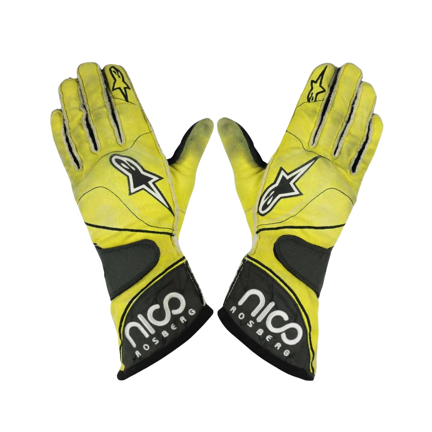 Pair of yellow Nico Rosberg 2011 F1 racing gloves with black accents and visible branding on a white background