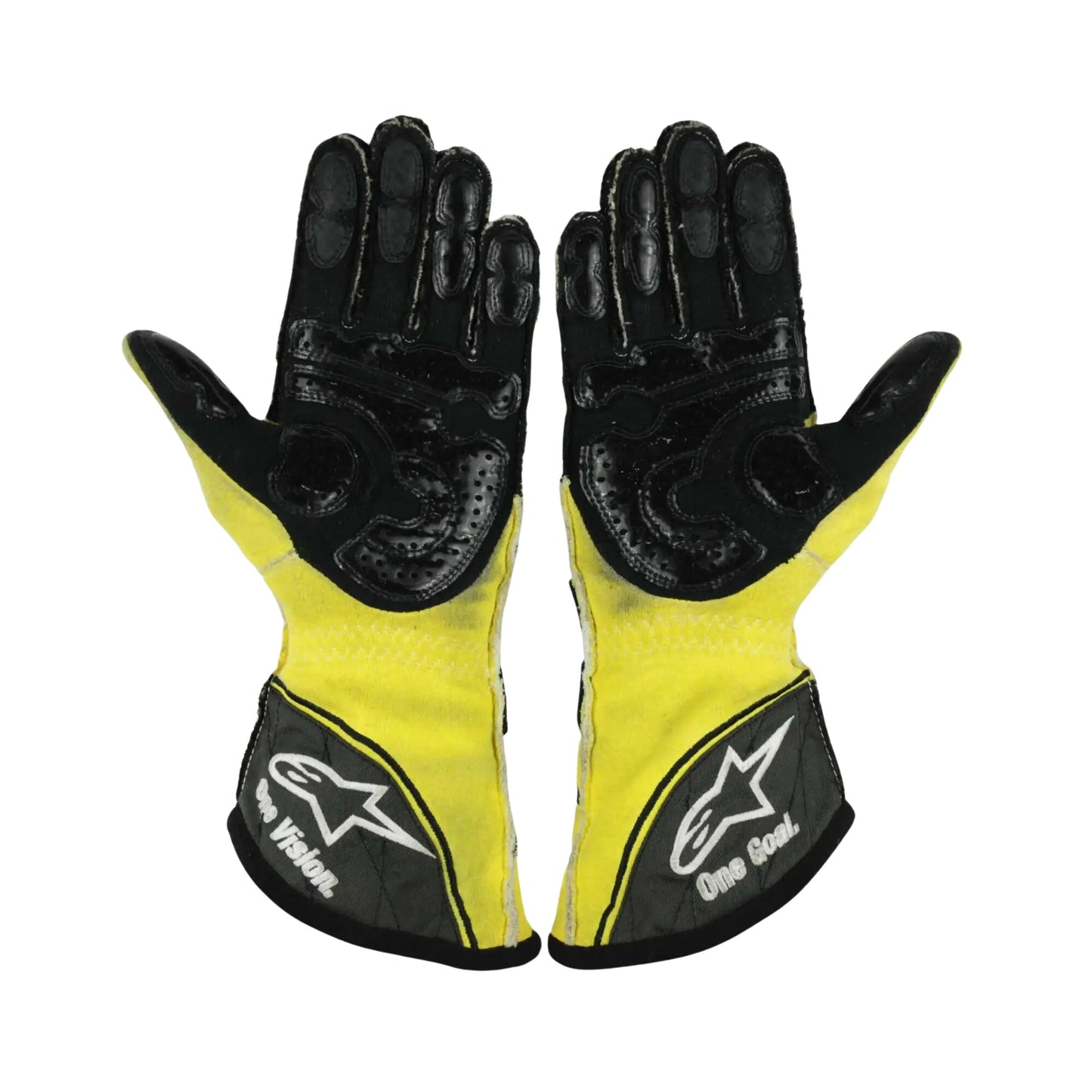 Pair of black and yellow Nico Rosberg 2011 F1 racing gloves with a brand logo on a white background