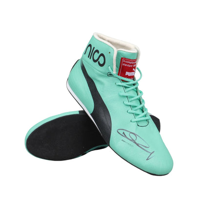Turquoise Nico Rosberg 2017 F1 Racing shoes with black accents on a white background