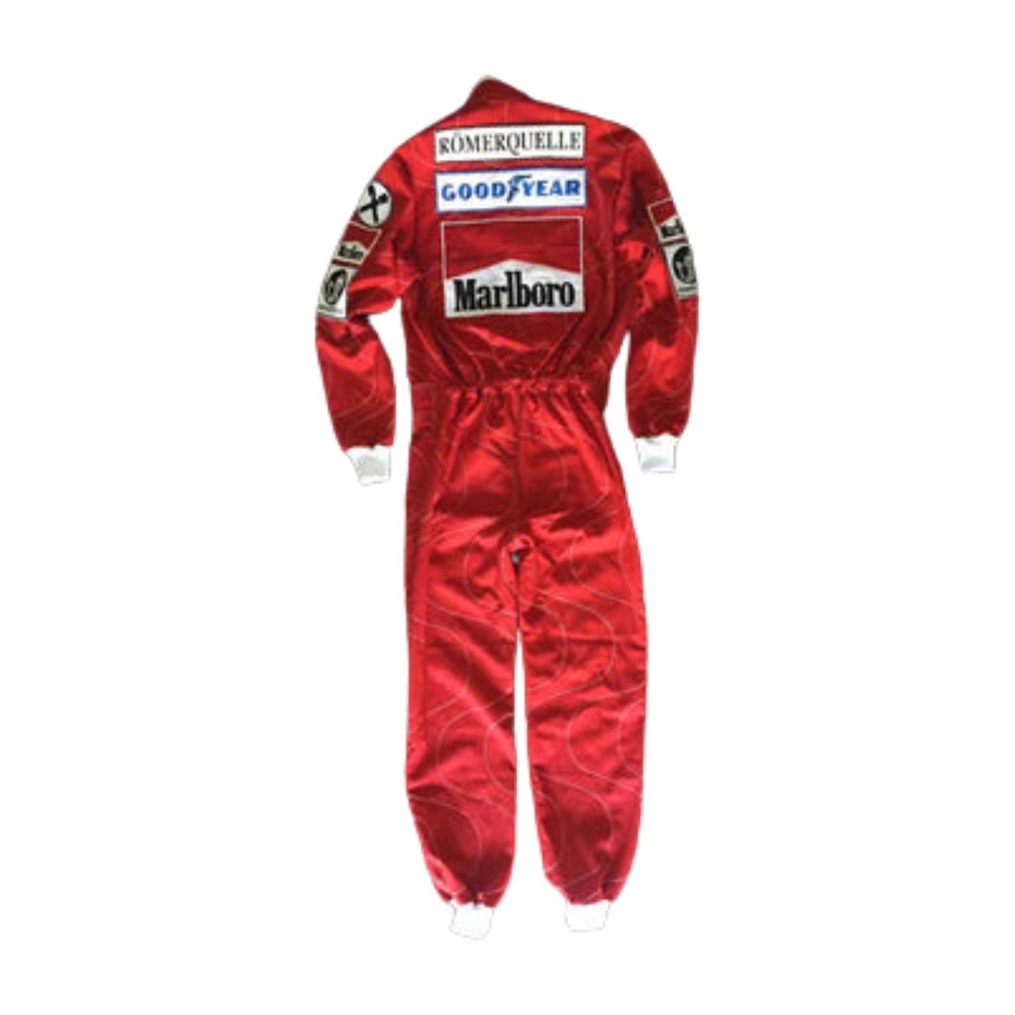 Back view of Niki Lauda’s 1976 racing suit, showcasing the red Ferrari design and sponsor patches, a symbol of Lauda's courage and perseverance in his remarkable return.
