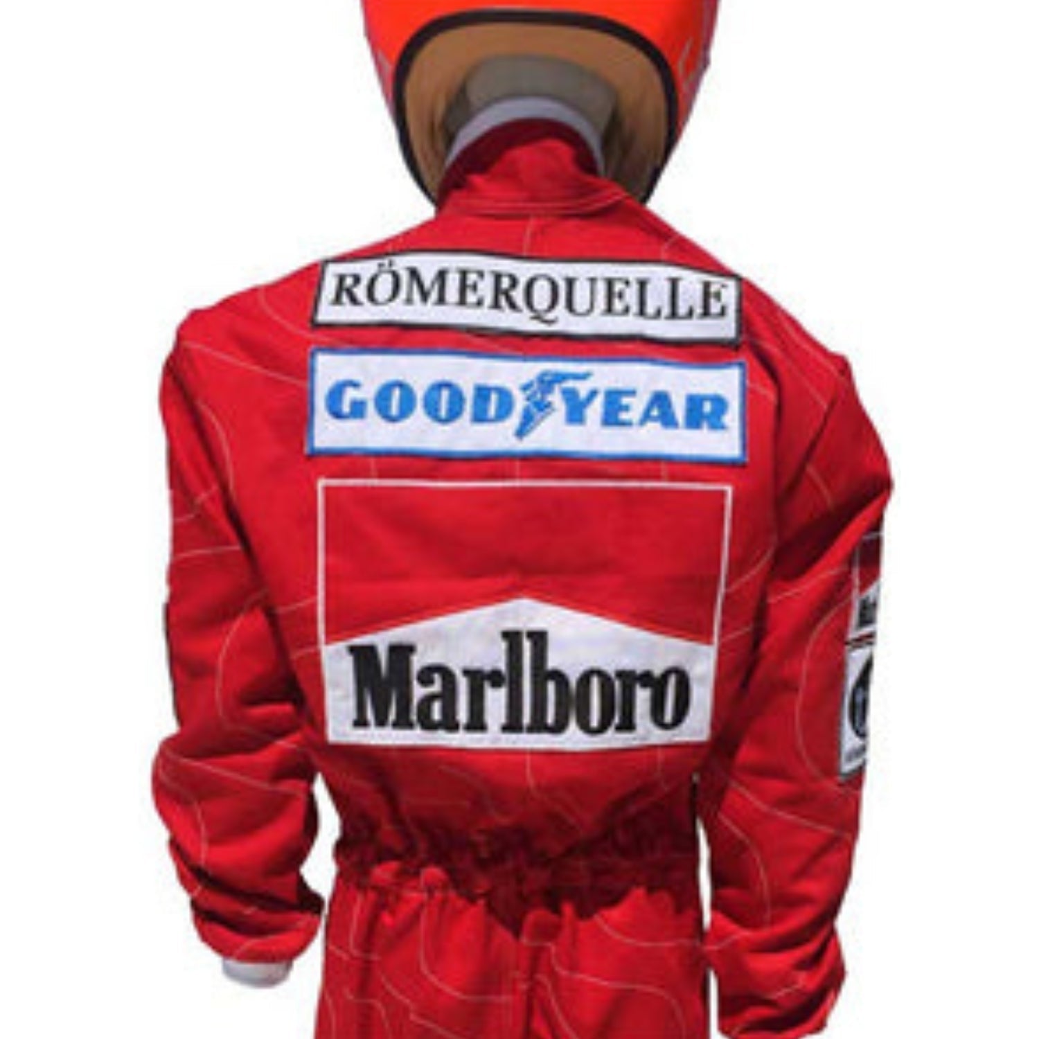 Back view of Niki Lauda’s 1976 racing suit, showcasing the red Ferrari design and sponsor patches, a symbol of Lauda's courage and perseverance in his remarkable return.