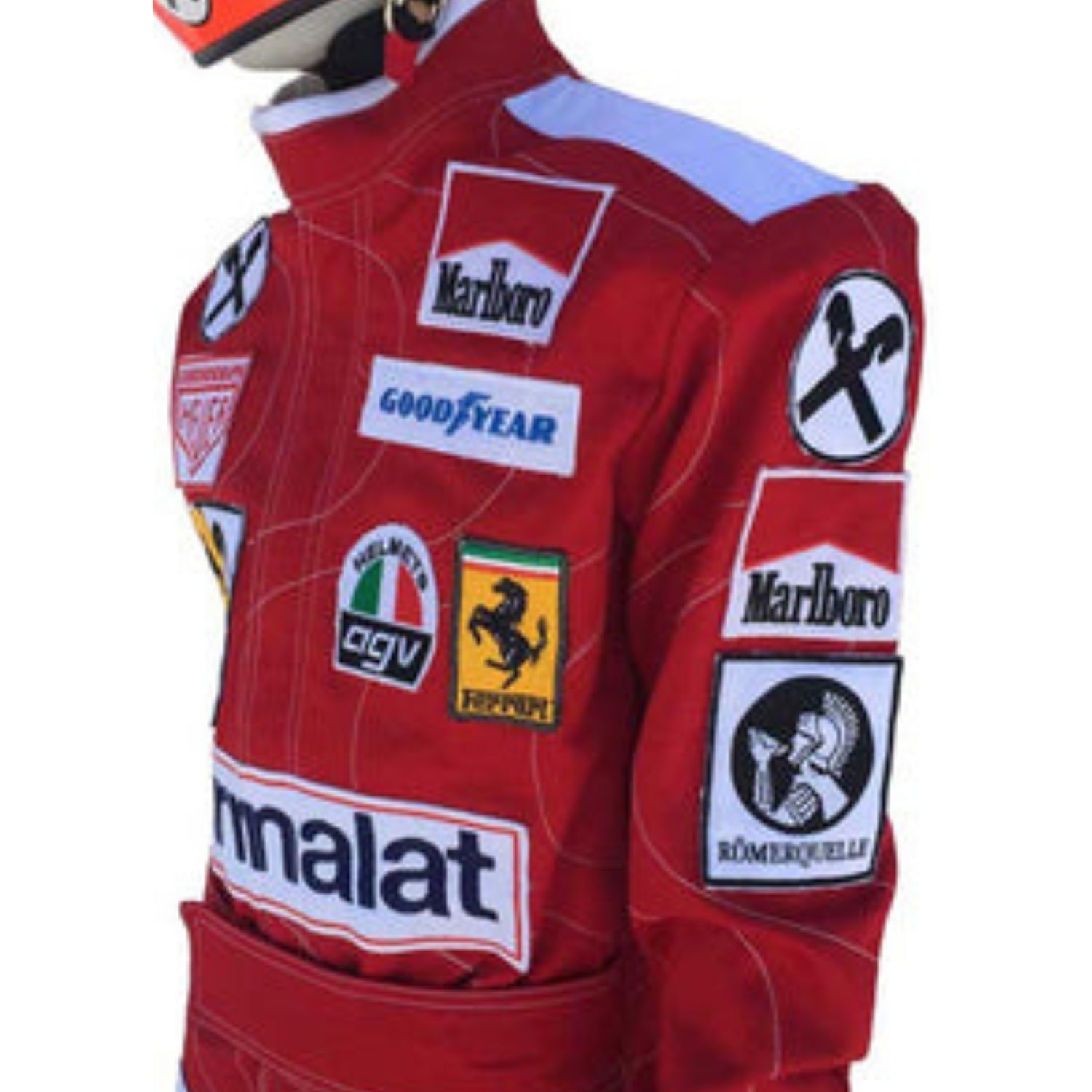 Side profile of Niki Lauda’s 1976 F1 racing suit, highlighting the sharp fit and distinctive red coloring, marking one of the most iconic seasons in Formula 1 history.