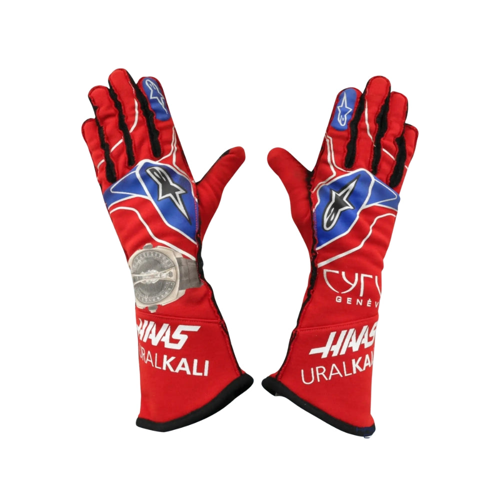 Red Nikita Mazepin 2021 Mexico GP F1 racing gloves with blue and white design on a white background