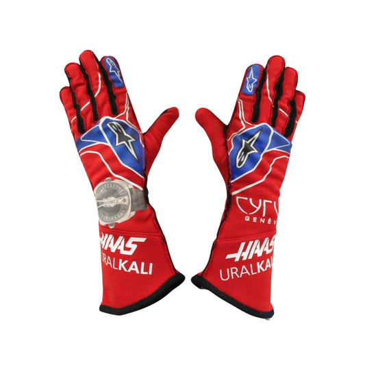 Red Nikita Mazepin 2021 Mexico GP F1 racing gloves with blue and white design on a white background