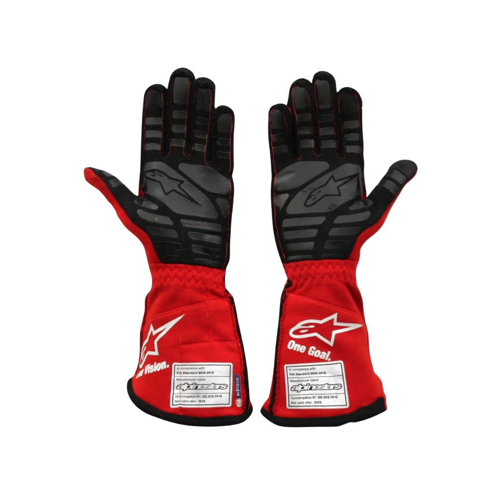 Red and black Nikita Mazepin 2021 Mexico GP F1 racing gloves with visible branding on a white background