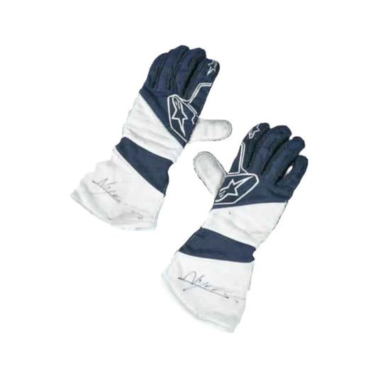 Pair of navy and white Nyck de Vries 2022 F1 Racing gloves with a logo on a white background