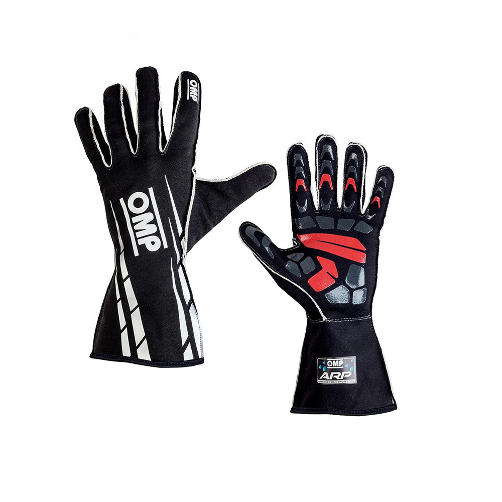 Black OMP ARP Rainproof Professional Kart racing gloves with visible branding on a white background