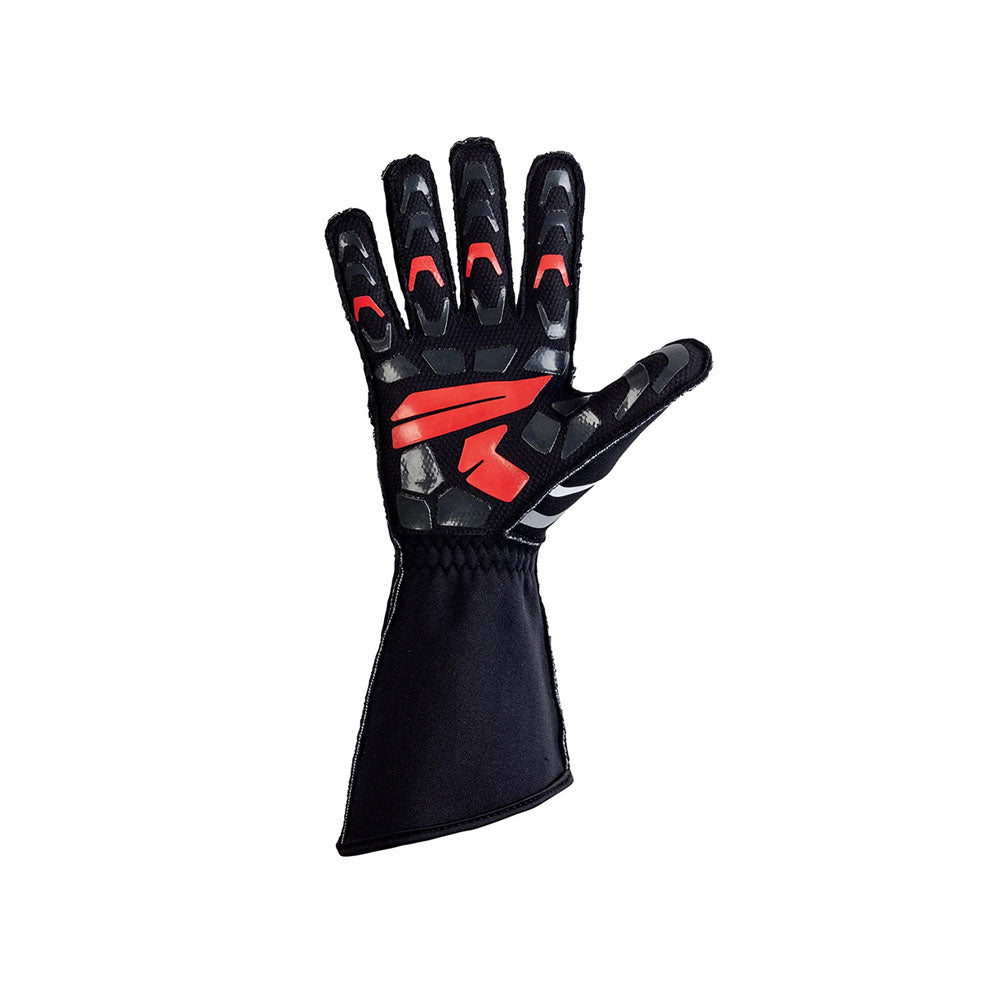 Black and red OMP ARP Rainproof Professional Kart racing glove on a white background