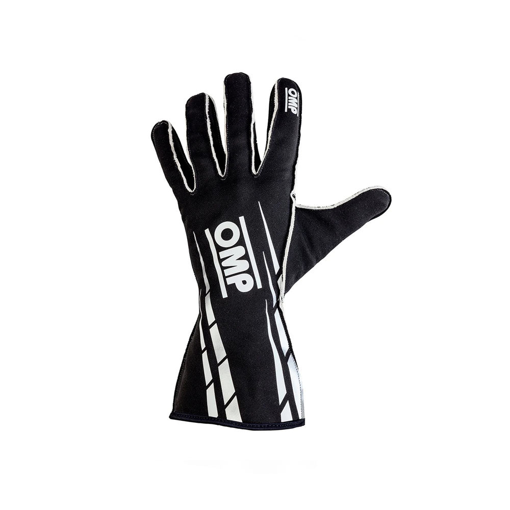 Black racing glove with white accents and 'OMP' branding on a white background