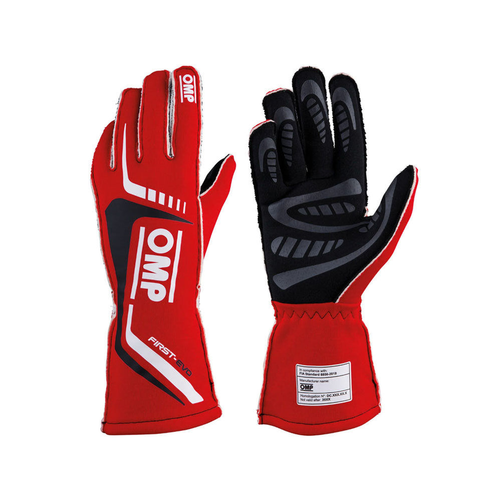 Red and black OMP First-EVO Racing gloves with OMP branding on a white background