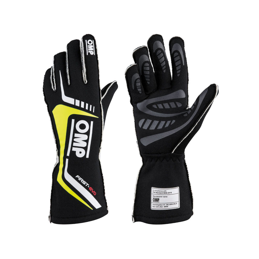 Black OMP First-EVO Racing gloves with yellow and white accents on a white background