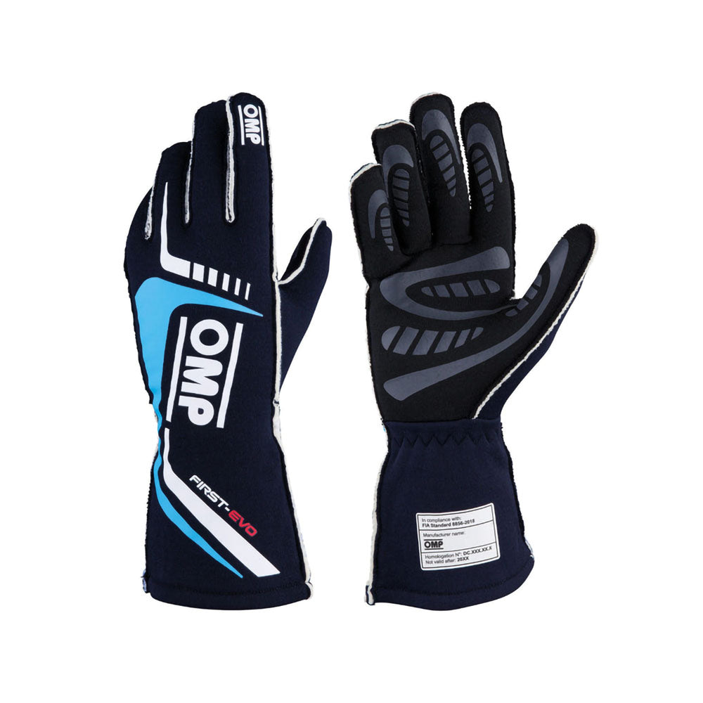 Pair of black OMP First-EVO Racing gloves with blue and white accents on a white background