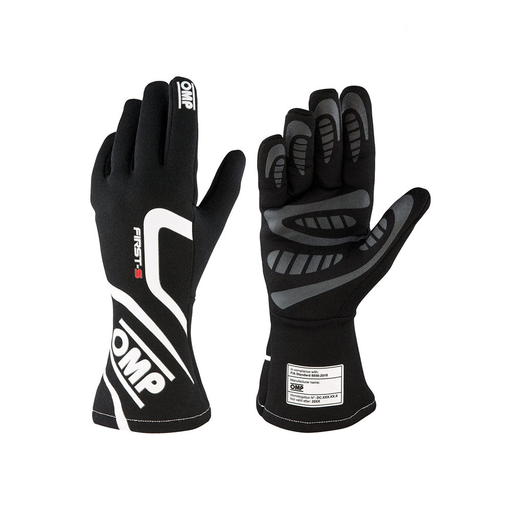 Black OMP First-S Racing gloves with OMP branding on a white background