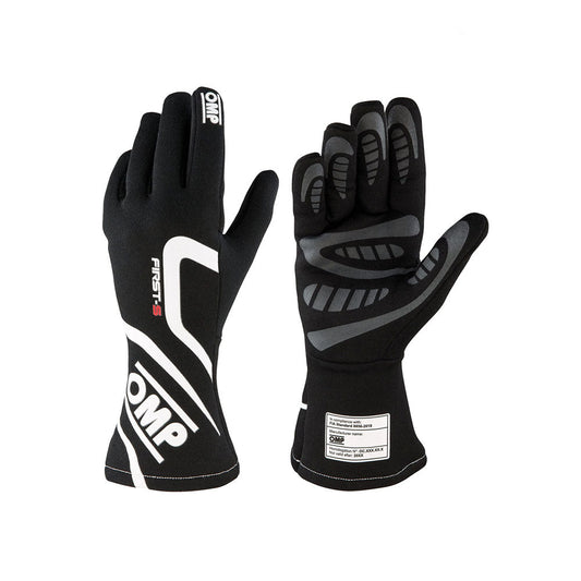 Black OMP First-S Racing gloves with OMP branding on a white background