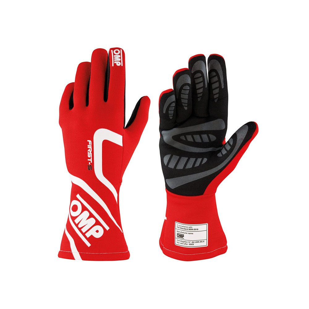 Red and black OMP First-S Racing gloves with OMP branding on a white background