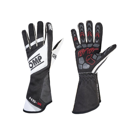 Pair of black and white OMP KS-1R racing gloves with red accents on a white background