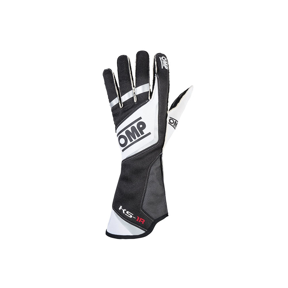 Black and white OMP KS-1R racing glove with OMP branding on a white background