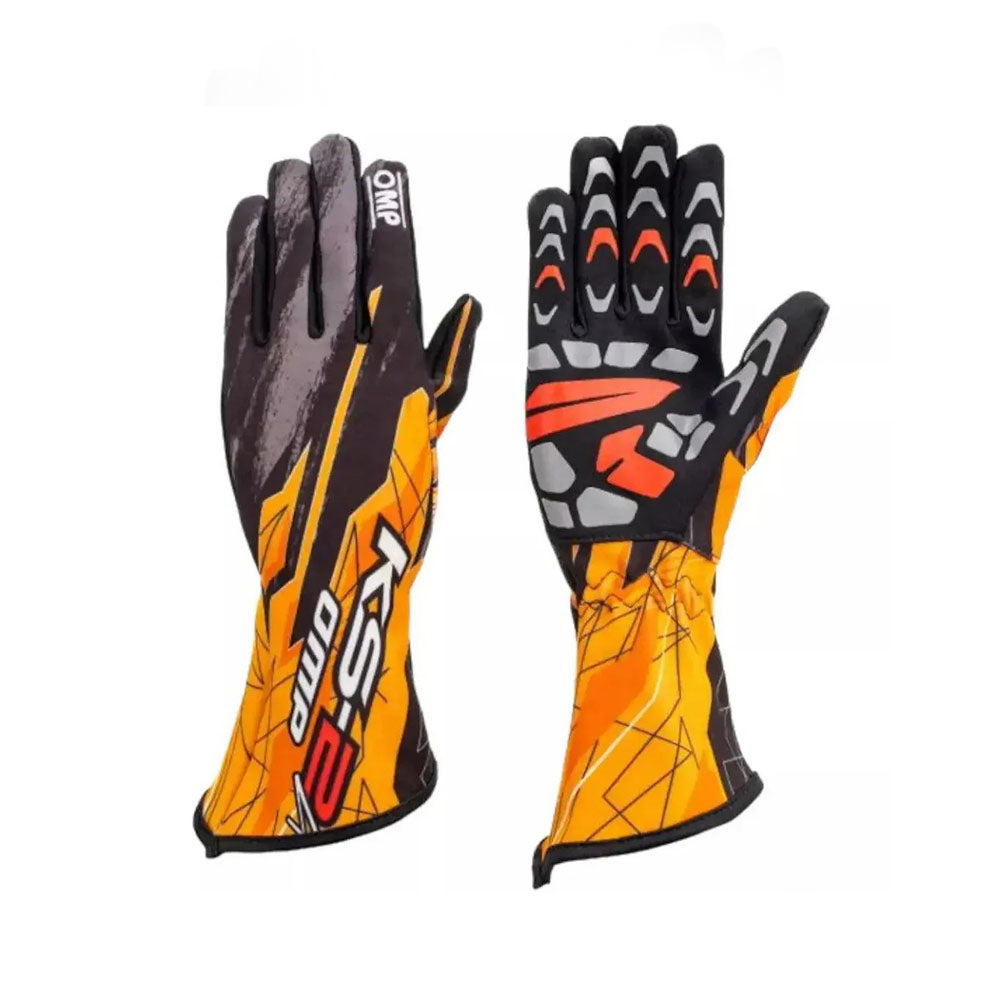 Pair of orange and black OMP KS-2R Art Karting gloves with KS2 branding on a white background
