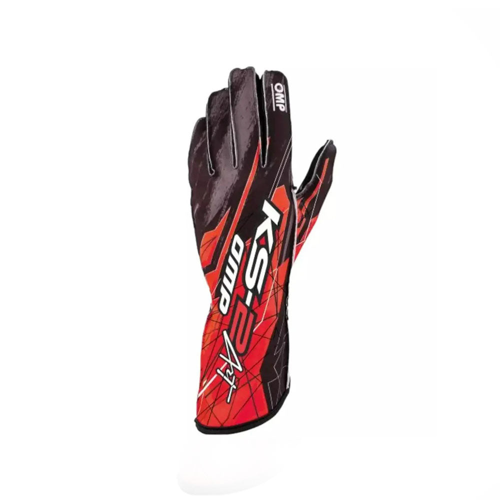 Red and black OMP KS-2R Art Kart racing glove with 'KS2' branding on a white background