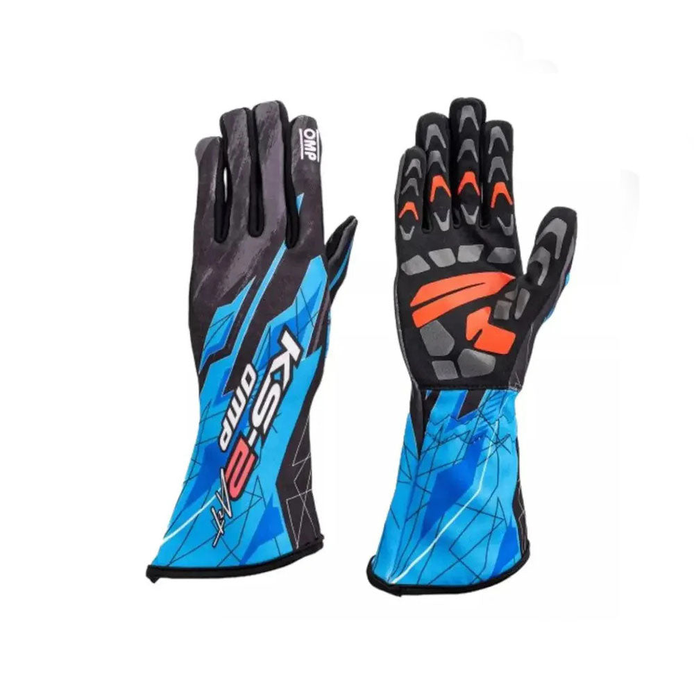 Pair of blue and black OMP KS-2R Art Karting gloves with KS2 branding on a white background