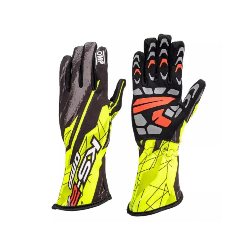 Pair of OMP KS-2R Art Kart racing gloves with a yellow, black, and red design on a white background