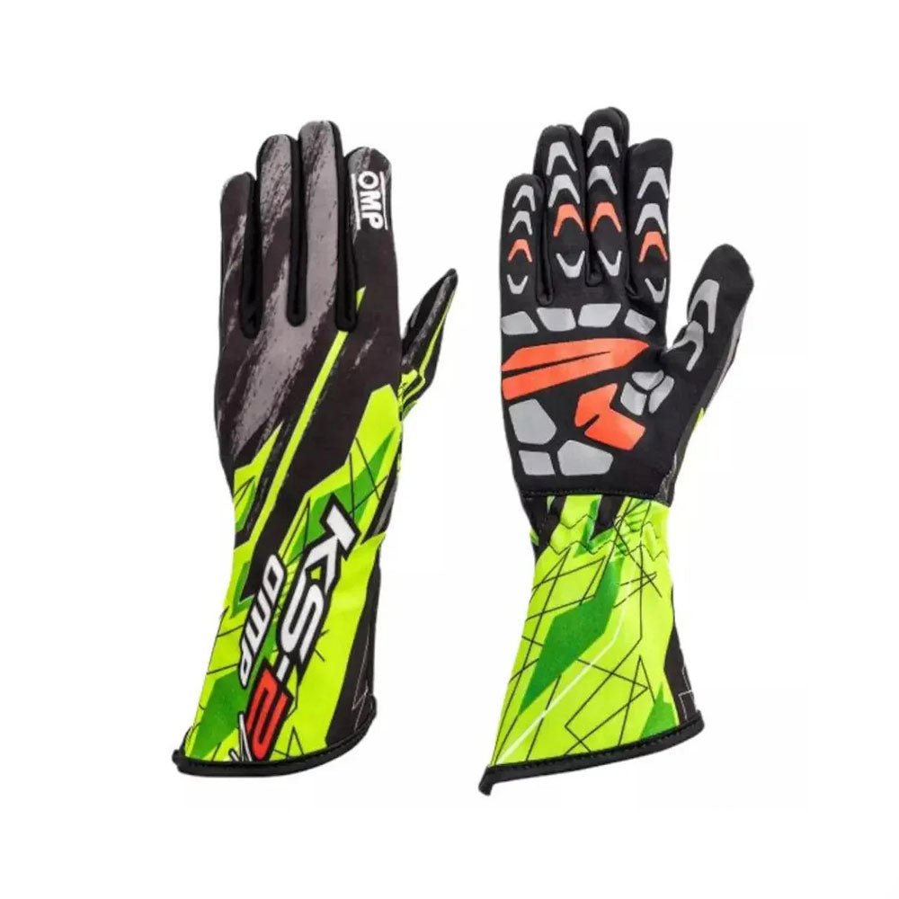 Pair of OMP KS-2R Art Kart racing gloves with green, black, and orange design on a white background