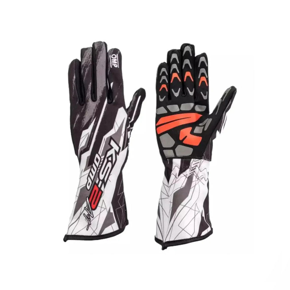 Pair of black, gray, and red OMP KS-2R Kart gloves on a white background