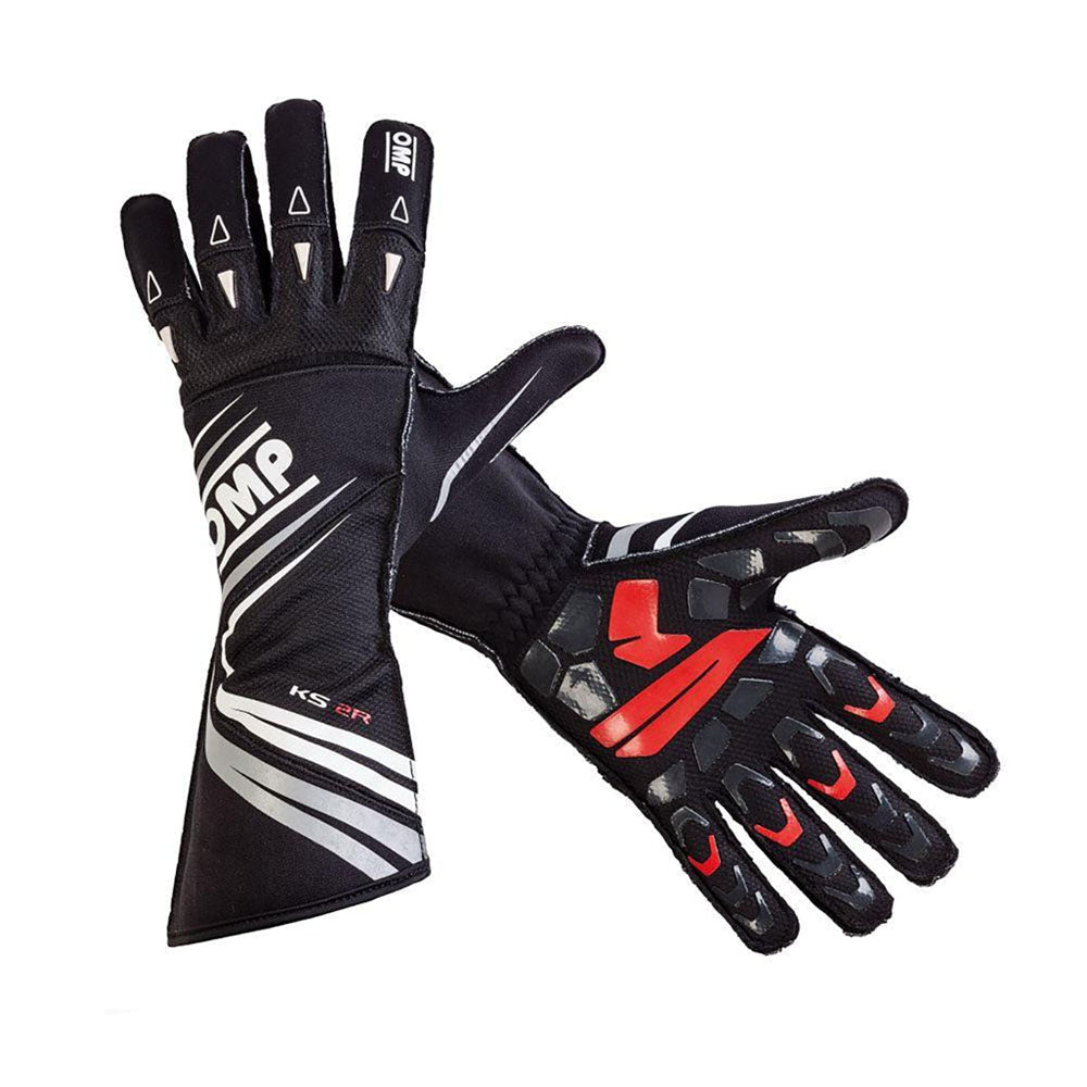 Black and red OMP KS-2R Kart racing gloves with visible branding on a white background