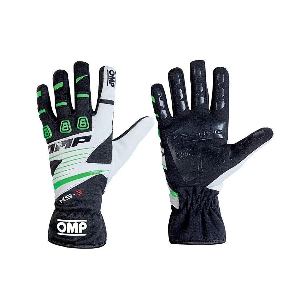 Pair of black and green OMP KS-3 Kart racing gloves with OMP branding on a white background